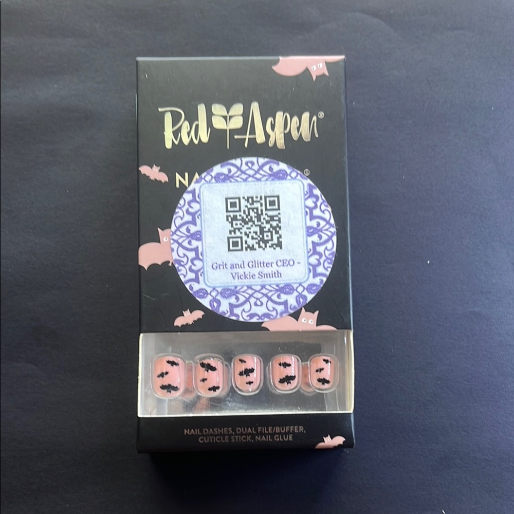Red Aspen Pink Nail Dashes with Black Bats